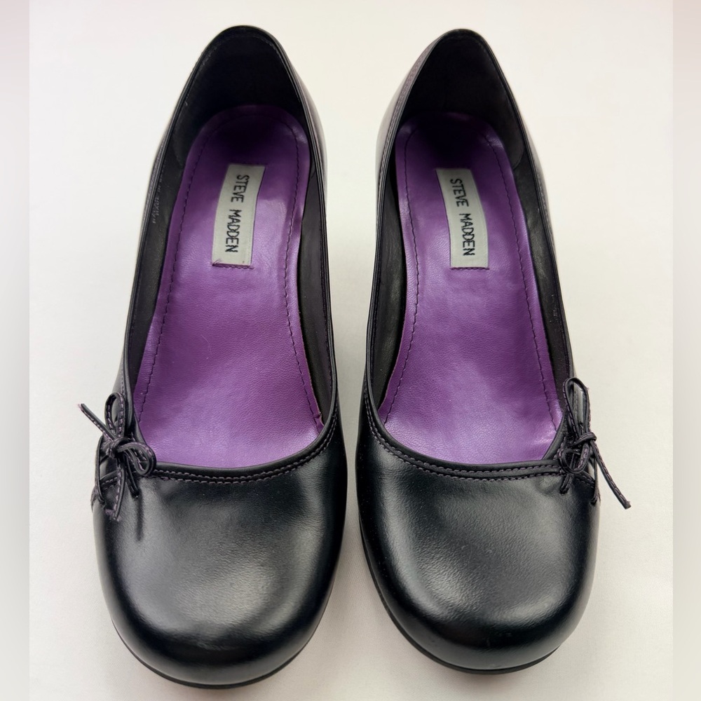 Steve Madden Volit Black Leather Kitten Heel Pumps Bow Detail Size 8B - Picture 2 of 10